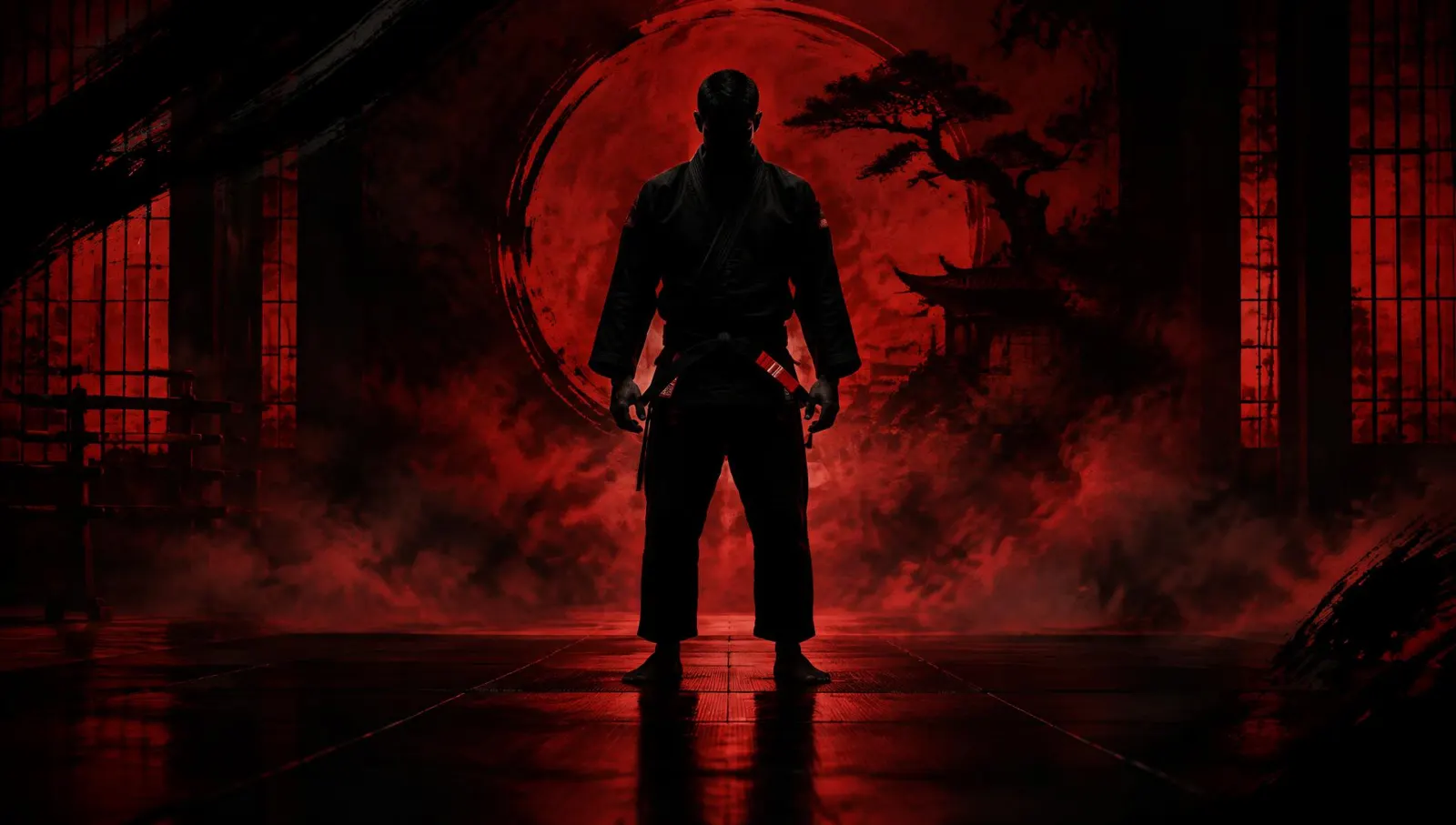 Pratiquant de jiu-jitsu en gi noir devant un soleil rouge